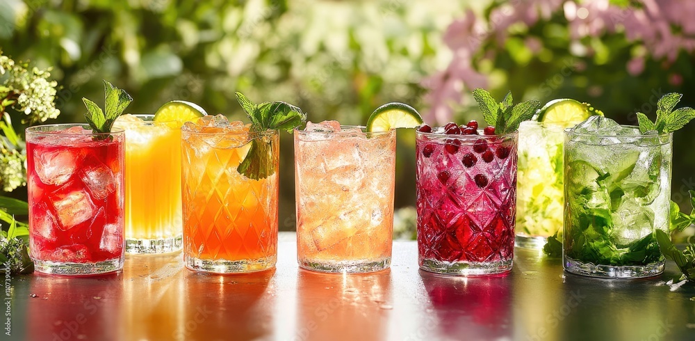 Wall mural A variety of colorful and refreshing mocktail drinks in glasses, including orange juice with ice cubes, lemonade with mint leaves