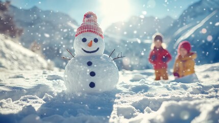 Obraz premium Kids playing in sunny alpine snowfield with snowman