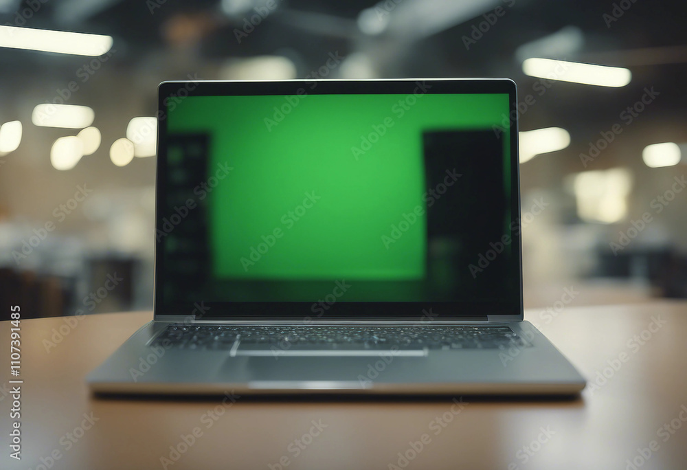 Poster laptop with blank green screen in office interior smooth camera movement around object with bokeh ba