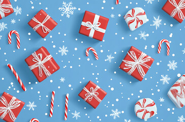Obraz premium Festive arrangement of red gifts and candy canes on blue background with snowflakes for holiday celebration