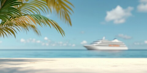 Obraz premium A tranquil beach scene featuring a palm tree and a distant cruise ship on the water.