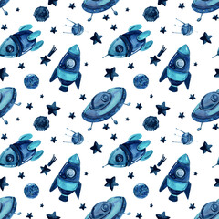 Seamless pattern with cartoon space rockets fly past planets and stars in a galaxy. Hand-Drawn watercolor Space Pattern with Rocket, Planets, and Stars © Елена Фаенкова