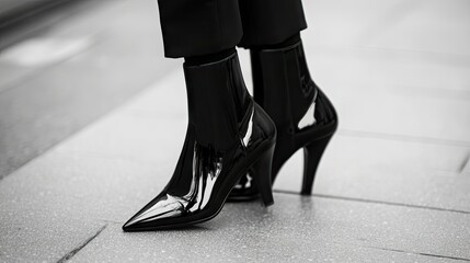 Shiny patent leather ankle boots with pointed toes, styled with a sleek black pantsuit.