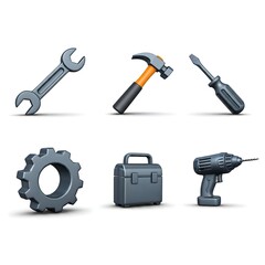 Modern 3D Tool Icons: Drill, Wrench, Gear, Toolbox, Hammer, tools icon set