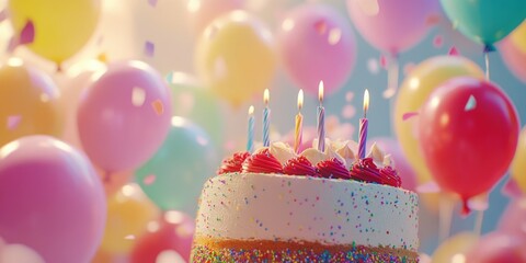 Birthday cake with lit candles and balloons