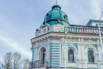Historic Irkutsk building architecture showcasing autumn sunlight and clear skies. Irkutsk city,...