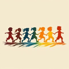Obraz premium Colorful silhouettes of children holding hands and running.