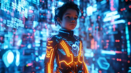 Obraz premium Neon Cyberkid in Futuristic Cityscape with Holographic Projections