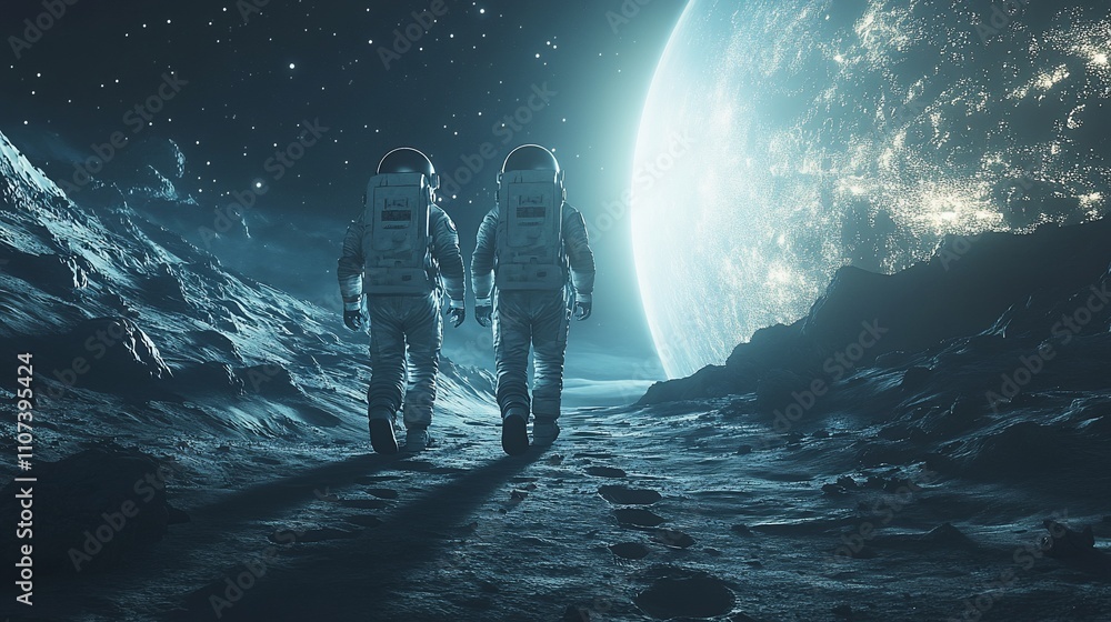 Poster Two astronauts walking on a lunar surface with a distant planet in view.