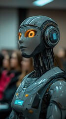 Humanoid robot teacher in hightech college classroom setting