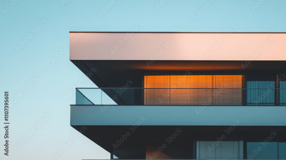 Poster a contemporary apartment building showcases sleek lines and modern design. the setting sun casts a w
