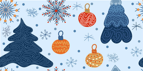 Seamless winter pattern: christmas tree balls, snowflakes, dots. Colorful doodle vector hand drawn illustration in blue, yellow, orange, grey colours for cards, banners, wallpaper, textile, wrapping