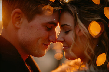 Young couple in love hugging in warm sunset light with blurred focus, Valentine's Day
