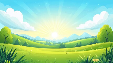 Fototapeta premium A Sunny Meadow Landscape with Rolling Hills and a Distant Mountain Range