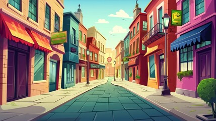 Obraz premium A Narrow Cobblestone Street Lined with Colorful Buildings and Shops