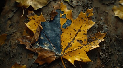 Gold and blue macro closeup of leaves texture. 