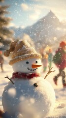 Obraz premium Family enjoying a snowy day with a snowman and sunny mountains