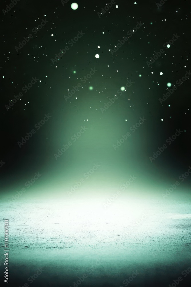 Poster a tranquil digital abstract scene with floating particles against a deep green background, creating 