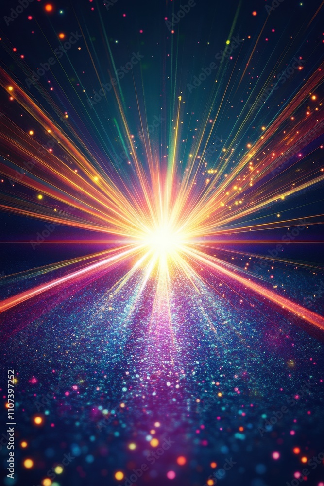 Poster A stunning display of vibrant light rays bursting forth from a sparkling surface, creating a magical atmosphere.
