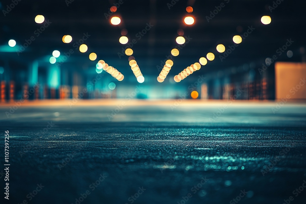 Poster a captivating perspective of an empty parking garage with softly illuminated round lights creating a