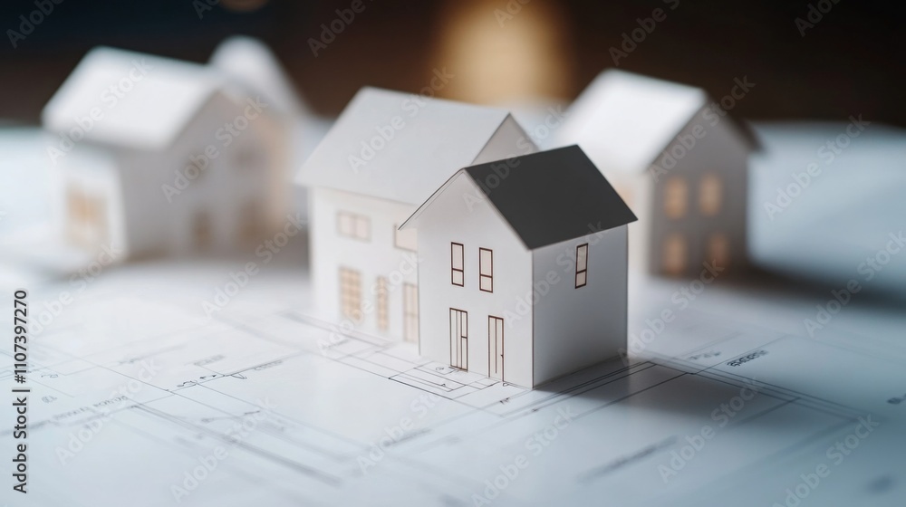 Aufkleber a detailed focus on miniature house models positioned on architectural blueprints, highlighting the 