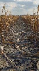 A dry cornfield with dried stalks, a rural road, and a combine harvester hints at a drought or harvest time. Blue sky with white clouds in the background.