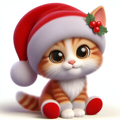 cute kitten with santa claus hat 3d cartoon style isolated on white background
