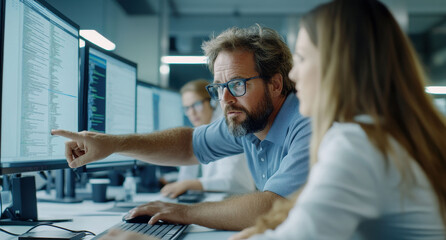 Software developer team collaborating in a modern office setting