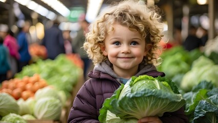 A Caucasian toddler with curly hair is seen in a vegetable market carrying a huge cabbage.
