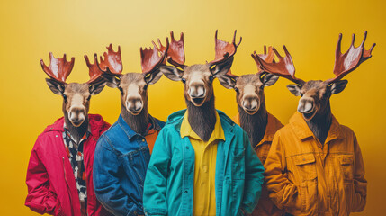 Obraz premium Group of anthropomorphic moose in colorful jackets on yellow background