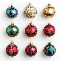 A festive assortment of nine beautifully decorated Christmas ornaments, each showcasing unique patterns and colors, isolated against white background