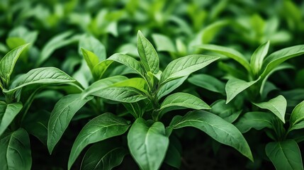 Fototapeta premium Close-up of lush green plant leaves growing densely, with bright and healthy appearance, conveying the essence of a thriving natural environment.