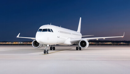 Obraz premium White airplane parked on airport runway under night sky