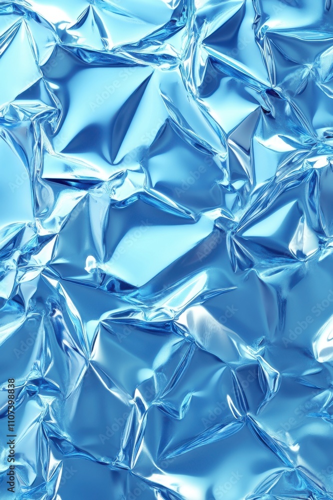 Poster close-up of crumpled metallic blue foil, creating a textured and reflective surface with dynamic lig