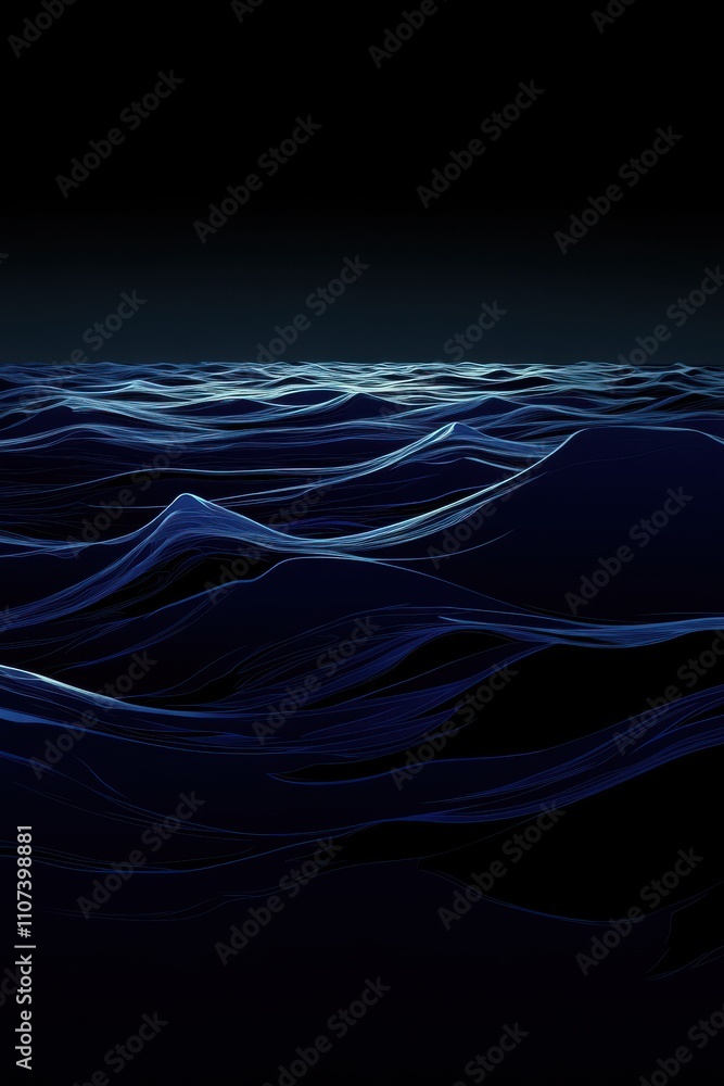 Poster an abstract view of dark ocean waves with luminescent highlights, conveying a serene and calming atm