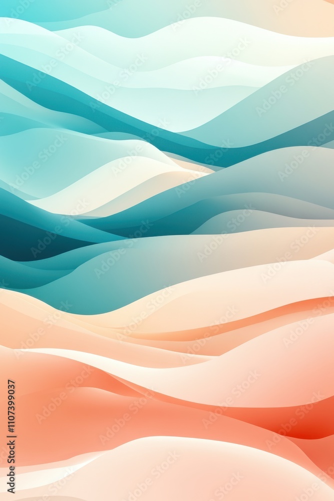 Poster a serene abstract composition featuring smooth waves in shades of blue and peach, creating a calming
