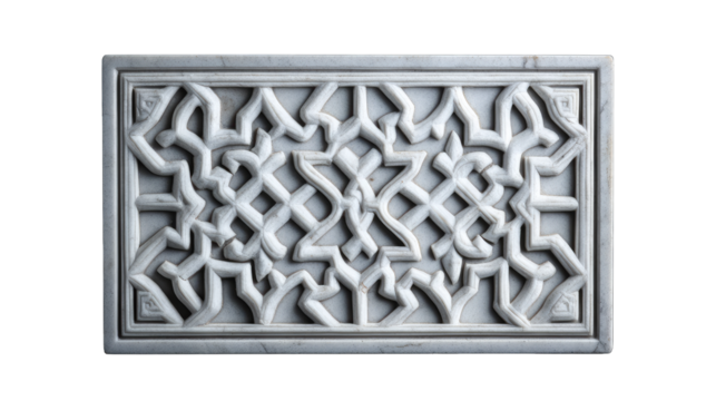 A rectangular panel of white stone with Islamic geometric patterns, against a black background,