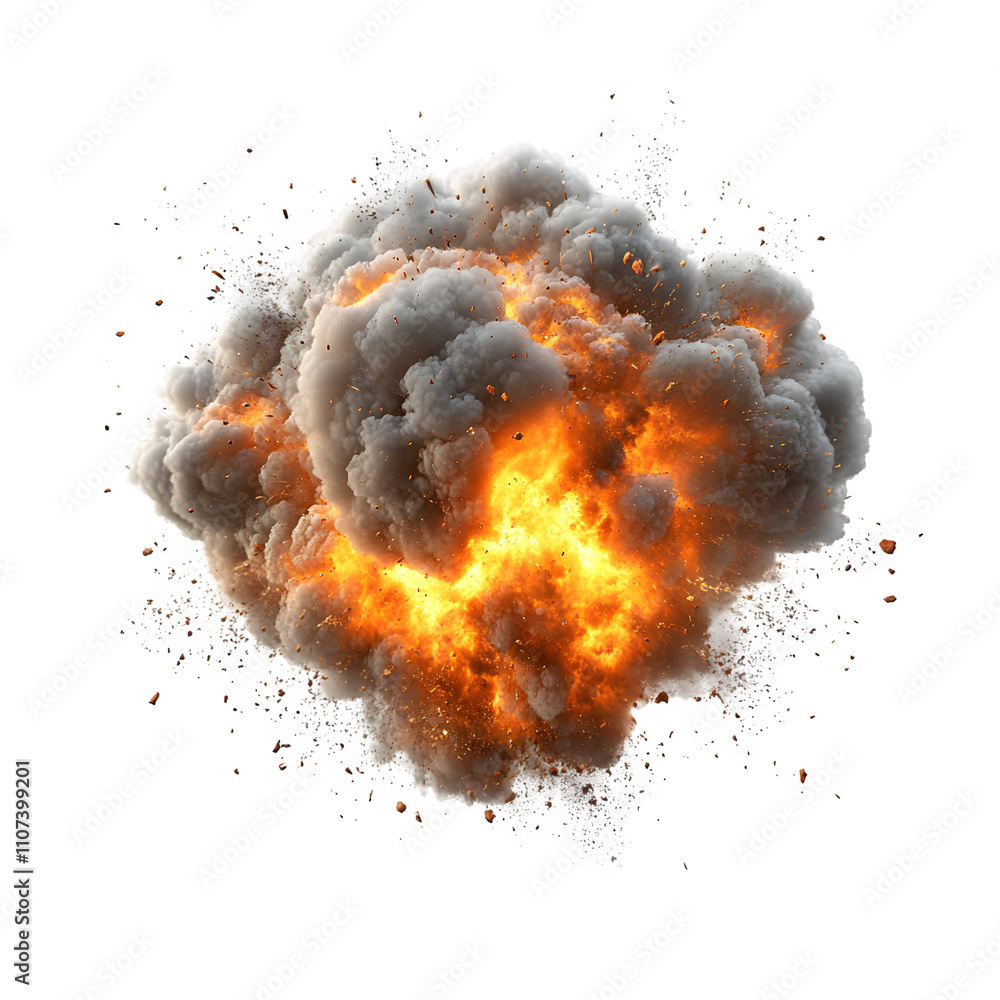 Poster Realistic fireball explosion with debris expanding, isolated on transparent background, ideal for visual effects and motion graphics