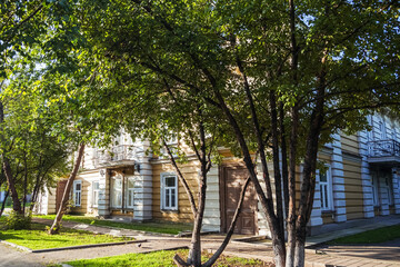 Architecture of a building in Irkutsk during the autumn season. Irkutsk city, historical building.	
