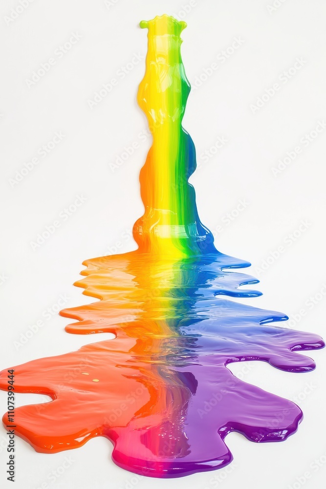 Poster a vibrant cascade of rainbow-colored paint flowing smoothly across a white surface, creating a mesme