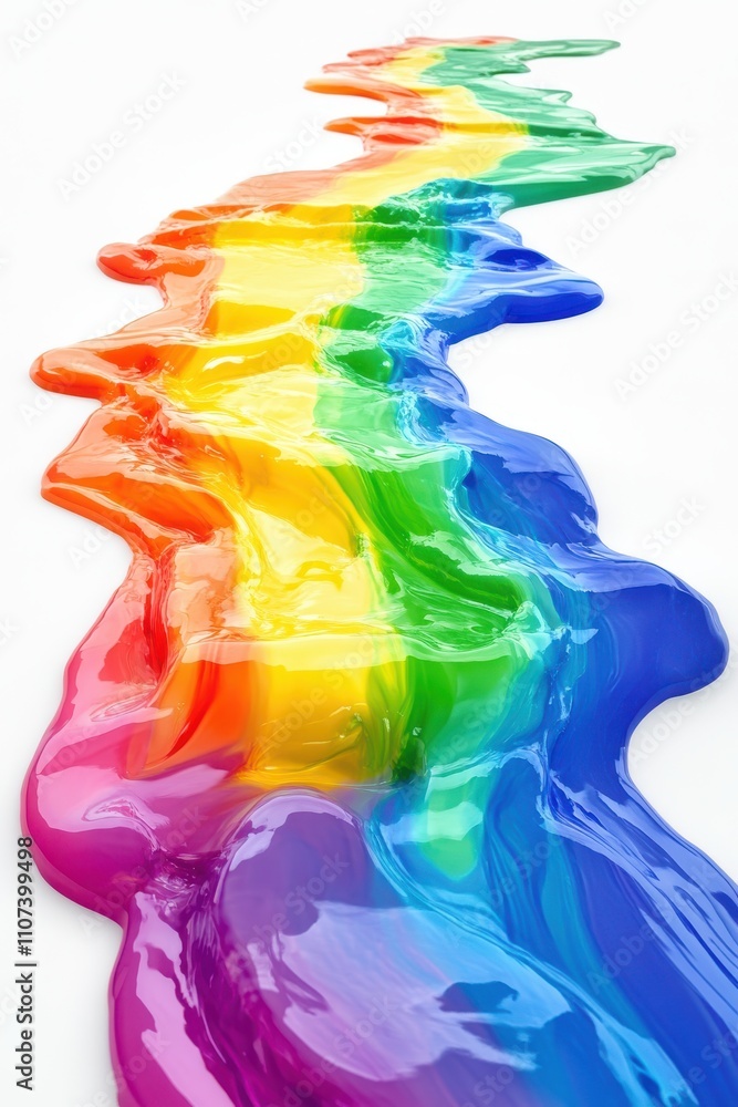 Poster a vibrant rainbow fluid flowing smoothly across a white surface, creating a colorful and playful vis