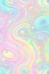 Colorful abstract pattern featuring swirling pastel hues and shimmering bubbles in a dreamlike space.