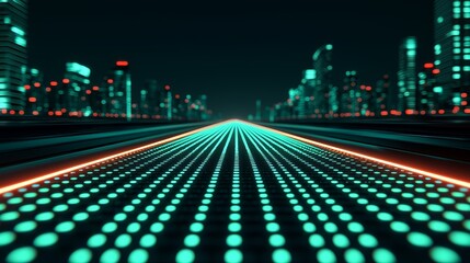 Peak energy reliability concept. Futuristic city skyline with glowing dotted road and vibrant neon lights.