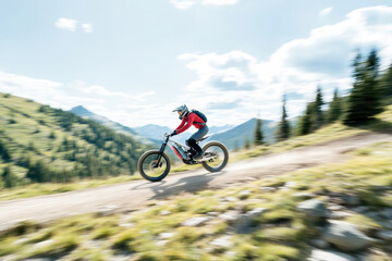 Obraz premium Motorcyclist speeding along a scenic mountain road at high speed