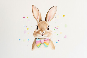 Obraz premium Watercolor painting of a rabbit with a rainbow colored bow