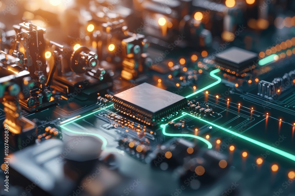 Poster close-up view of a complex circuit board with electronic components and lights