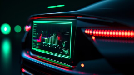 Peak energy reliability concept. Futuristic car dashboard with vibrant neon lights and data display.
