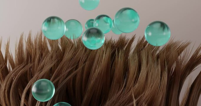 3D animation of the restoration of split ends in dark hair. The drops of oil, balm and mask restore, improve the composition, nourish, restore, smooth and eliminate brittleness