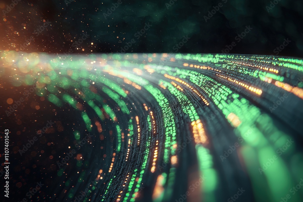 Poster abstract digital waves with green code flowing through a dark cosmic background