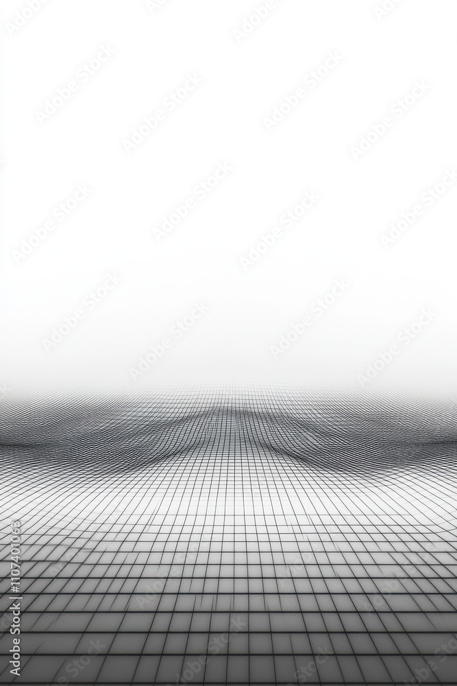 Poster an abstract landscape with a grid pattern fading into a misty horizon, creating a sense of infinity 